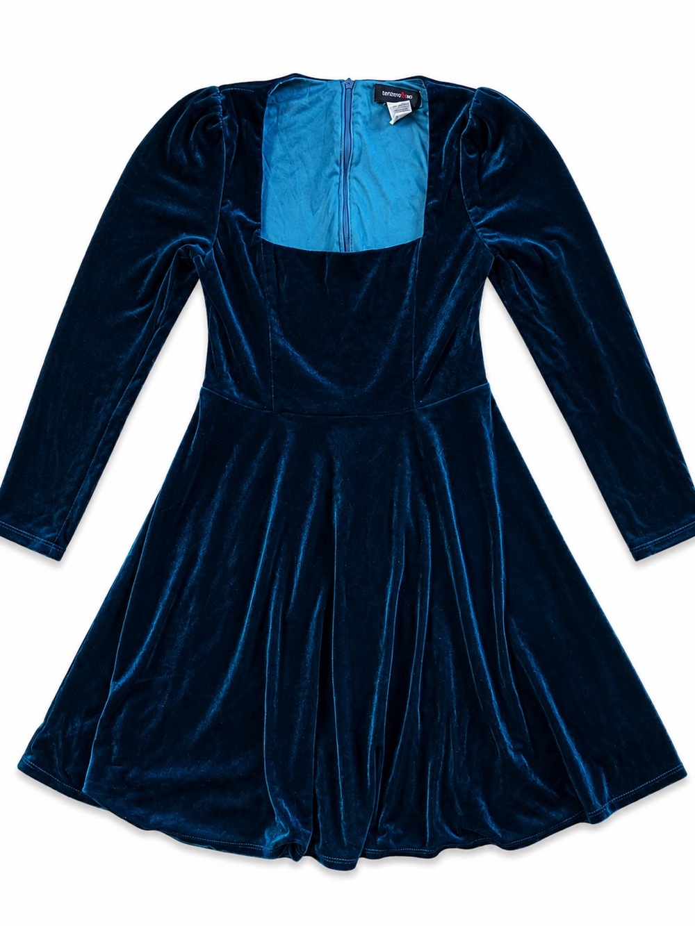 Teeze Me Teal Blue Velvet Dress Size 9 Long Sleeve Puff Fit Flare Homecoming
